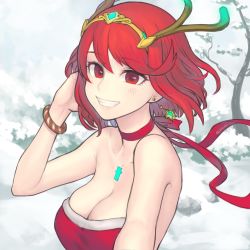 Rule 34 | absurdres, antler ornament, breasts, chest jewel, christmas, cleavage, dress, earrings, gem, gofelem, headpiece, highres, jewelry, large breasts, pyra (xenoblade), red eyes, red hair, santa dress, short hair, smile, snow, solo, swept bangs, xenoblade chronicles (series), xenoblade chronicles 2