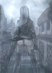 Rule 34 | 1girl, ass, bandages, bloodborne, blue theme, building, dual wielding, from behind, from software, gun, holding, hunter (bloodborne), long hair, monochrome, solo, sword, thighhighs, uniphon, weapon, wind, wind lift