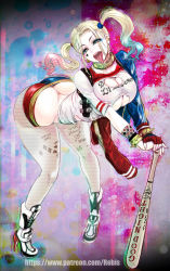 Rule 34 | 1girl, ass, baseball cap, bent over, blonde hair, bracelet, breasts, butt crack, cleavage, dc comics, earrings, fingerless gloves, fishnet pantyhose, fishnets, gloves, harley quinn, hat, highres, huge ass, jacket, jewelry, large breasts, long hair, looking at viewer, pantyhose, rebis, short shorts, shorts, skindentation, solo, spiked bracelet, spikes, suicide squad, thick thighs, thighs, tongue, tongue out, twintails