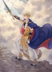 Rule 34 | 1boy, arthur (shin sakura taisen), blonde hair, blue cape, cape, cloud, from side, gloves, hairband, highres, holding, holding sword, holding weapon, jacket, katsuki (fudepenclub), looking at viewer, male focus, pants, sakura taisen, shin sakura taisen, sky, smile, solo, sword, weapon, white gloves, white hairband, white pants, yellow jacket