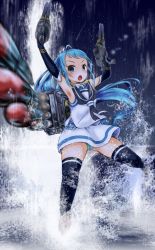Rule 34 | 1girl, armpits, arms up, blue eyes, blue gloves, blue hair, blue neckerchief, blue thighhighs, commentary request, elbow gloves, floating hair, gloves, green panties, gun, highres, holding, holding gun, holding weapon, ikkakimeru, kantai collection, long hair, looking at viewer, neckerchief, night, night sky, open mouth, panties, pantyshot, rigging, sailor collar, samidare (kancolle), school uniform, serafuku, shirt, skirt, sky, sleeveless, sleeveless shirt, solo, star (sky), starry sky, thighhighs, thighs, torpedo, torpedo tubes, underwear, v-shaped eyebrows, very long hair, water, weapon, white serafuku, white shirt, white skirt