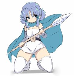 Rule 34 | 1girl, bare shoulders, blue cape, blue eyes, blue hair, boots, cape, closed mouth, dragon quest, dragon quest monsters, dragon quest monsters plus, dress, elbow gloves, facial mark, fingerless gloves, forehead mark, full body, gloves, grey gloves, hair between eyes, holding, holding polearm, holding spear, holding weapon, karukan (monjya), kneeling, low twintails, marumo, parted bangs, polearm, shadow, solo, spear, strapless, strapless dress, thigh boots, thighhighs, twintails, weapon, white background, white dress, white footwear, white thighhighs