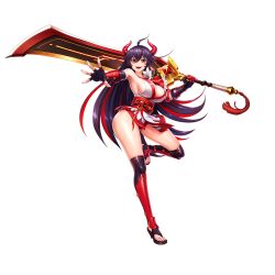 Rule 34 | 1girl, action taimanin, breasts, cleavage, demon girl, demon horns, elbow gloves, full body, game cg, gloves, highres, holding, holding weapon, horns, japanese clothes, large breasts, lilith-soft, long hair, long sword, multicolored hair, official art, open mouth, purple hair, red hair, simple background, smile, solo, spinel (action taimanin), sword, taimanin (series), taimanin rpgx, weapon, yellow eyes, yoya tt