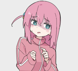 Rule 34 | 1girl, blue eyes, blush stickers, bocchi the rock!, cube hair ornament, fusazakura, gotoh hitori, hair between eyes, hair ornament, highres, jacket, long hair, long sleeves, one side up, open mouth, pink hair, pink jacket, simple background, solo, track jacket, upper body, white background