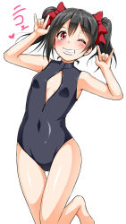Rule 34 | 10s, 1girl, black hair, blush, cowboy shot, front zipper swimsuit, grin, highres, love live!, love live! school idol project, meme attire, nico nico nii, one-piece swimsuit, one eye closed, red eyes, short hair, simple background, smile, solo, standing, standing on one leg, swimsuit, tjk, twintails, white background, yazawa nico, yopparai oni