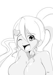 Rule 34 | artist request, bakugan, breasts, character request, cleavage, dark skin, highres, large breasts, monochrome, smile, wink