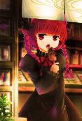 Rule 34 | 1girl, amazu yoriiti, animal ears, bow, braid, cat ears, dress, eating, fang, hair bow, high collar, highres, juliet sleeves, kaenbyou rin, long sleeves, looking at viewer, open mouth, plant, puffy sleeves, red eyes, red hair, short hair, solo, storefront, touhou, twin braids