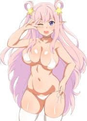 Rule 34 | 1girl, ;d, bikini, blush, breasts, choker, collarbone, hair ornament, hair rings, hand on own hip, hatsune (princess connect!), highres, large breasts, long hair, looking at viewer, one eye closed, open mouth, pink hair, pointy ears, princess connect!, purple eyes, seihekiog, side-tie bikini bottom, simple background, smile, solo, star (symbol), star hair ornament, swimsuit, thighhighs, v, very long hair, white background, white bikini, white choker, white thighhighs
