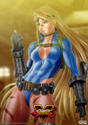 Rule 34 | 1girl, absurdres, alternate costume, alternate hairstyle, backpack, bag, belt pouch, blonde hair, blue eyes, breasts, cammy white, capcom, choker, copyright name, elbow gloves, fingerless gloves, ggg (gonzalogallianoniz), gloves, goggles, goggles on head, hair down, high collar, highleg, highleg leotard, highres, leotard, lips, long hair, no bra, nose, pouch, scar, solo, street fighter, street fighter v, thighs, unzipped, very long hair, watermark, web address