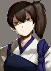 Rule 34 | 10s, 1girl, bad id, bad pixiv id, belko, blush, breasts, brown hair, green eyes, head tilt, japanese clothes, kaga (kancolle), kantai collection, muneate, personification, short hair, side ponytail, solo