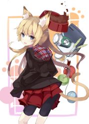 Rule 34 | 1girl, animal ears, bike shorts, blonde hair, blue eyes, bowl, can, canned food, cat ears, cat tail, cattail, hands in pockets, highres, hood, hoodie, looking back, mazonano, nekomegane, original, pet bowl, pet food, plant, skirt, solo, tail, translation request, transparent background, yarn, yarn ball
