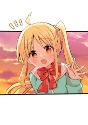 Rule 34 | 1girl, ahoge, blonde hair, blue jacket, blush, bocchi the rock!, bow, bowtie, choppy bangs, cloud, cloudy sky, commentary, head out of frame, highres, ijichi nijika, jacket, long hair, long sleeves, looking at viewer, nanami ayane (kusunoki5050), open mouth, orange sky, out of frame, outside border, polka dot, polka dot bow, polka dot bowtie, red bow, red bowtie, red eyes, sailor collar, side ponytail, sidelocks, simple background, sky, smile, solo, sunset, upper body, waving, white background, white sailor collar
