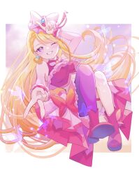 Rule 34 | 1girl, absurdres, belt bow, blonde hair, bug, butterfly, crop top, cure butterfly, double v, earrings, grin, highres, hijiri ageha, hirogaru sky! precure, insect, jewelry, lilylily0601, long hair, magical girl, one eye closed, pink headwear, pink shirt, pink skirt, precure, purple eyes, shirt, single leg pantyhose, skirt, smile, solo, v, very long hair