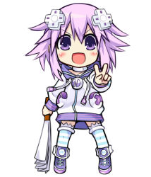 Rule 34 | 10s, 1girl, bad id, bad pixiv id, blush, chibi, d-pad, full body, hair ornament, hand fan, harisen, kamia (not found), looking at viewer, neptune (neptunia), neptune (series), open mouth, paper fan, purple eyes, purple hair, smile, solo, striped clothes, striped thighhighs, thighhighs, v