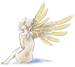 Rule 34 | 1girl, anco (platanity), ass, bad id, bad twitter id, barefoot, blonde hair, brownmameng, completely nude, female focus, from behind, mechanical wings, mercy (overwatch), nude, overwatch, overwatch 1, ponytail, sitting, solo, spread wings, white background, wings, yellow wings