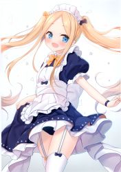 Rule 34 | 1girl, :d, abigail williams (fate), absurdres, alternate costume, alternate hairstyle, apron, black bow, black dress, black panties, blonde hair, blue eyes, blush, bow, dress, enmaided, fate/grand order, fate (series), fingernails, forehead, frilled apron, frilled dress, frills, garter straps, gradient background, grey background, hair bow, highres, long hair, maid, maid apron, maid headdress, non-web source, open mouth, orange bow, panties, parted bangs, pleated dress, polka dot, polka dot bow, puffy short sleeves, puffy sleeves, scan, short sleeves, sidelocks, smile, solo, thighhighs, twintails, underwear, very long hair, white apron, white background, white thighhighs, yano mitsuki (nanairo)