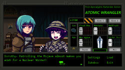 Rule 34 | 2girls, android, bar (place), blue eyes, blue hair, closed eyes, coat, dorothy haze, english text, fake screenshot, fallout (series), fallout: new vegas, fingerless gloves, gloves, helmet, highres, looking at viewer, marpaparp, multiple girls, open mouth, pith helmet, pixel art, purple hair, sei asagiri, short hair, slot machine, smile, trench coat, va-11 hall-a