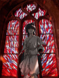 Rule 34 | 1girl, arms at sides, black hair, blurry, blurry background, bow, chinese commentary, closed mouth, collarbone, commentary request, elysie, feet out of frame, frown, fujiwara no mokou, fujiwara no mokou (young), glowing, glowing eyes, hair bow, holding, holding jar, jaggy lines, jar, long hair, looking at viewer, pants, red eyes, ribbon, shirt, solo, stained glass, touhou, very long hair, white bow, white pants, white ribbon, white shirt, window