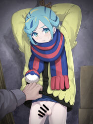 Rule 34 | 2boys, aqua eyes, aqua hair, arms up, bar censor, blue scarf, blush, bottomless, censored, clenched teeth, clothes lift, commentary request, creatures (company), eyelashes, game freak, grusha (pokemon), highres, indoors, jacket, jacket lift, lifting another&#039;s clothes, looking at viewer, male focus, min (myna8247), multiple boys, nintendo, parted lips, penis, poke ball print, pokemon, pokemon sv, scarf, striped clothes, striped scarf, sweatdrop, teeth, testicles, yellow jacket