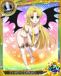Rule 34 | 1girl, ahoge, asia argento, bare shoulders, bent over, bishop (chess), blonde hair, blunt bangs, blunt ends, boots, breasts, card (medium), chess piece, choker, cleavage, collarbone, crop top, demon wings, gloves, green eyes, high school dxd, long hair, looking at viewer, medium breasts, midriff, open mouth, panties, shirt, simple background, sleeveless, smile, solo, standing, standing on one leg, thigh boots, thighhighs, torn clothes, underwear, white gloves, white shirt, white thighhighs, wings