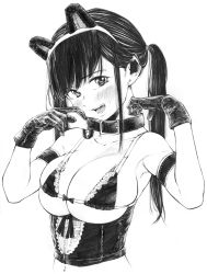 Rule 34 | 1girl, absurdres, animal ears, bikini, breasts, cat ears, cleavage, collar, collarbone, commentary request, fake animal ears, fang, gagaimo, gloves, greyscale, hairband, highres, large breasts, long hair, looking at viewer, maid, maid bikini, monochrome, navel, original, solo, swimsuit, teeth, traditional media, twintails, unconventional maid, upper body