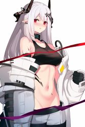 Rule 34 | 1girl, absurdres, arknights, ateoyh, bad id, bad pixiv id, bare shoulders, black gloves, breasts, commentary request, cowboy shot, crop top, gloves, groin, highres, horns, large breasts, long hair, looking at viewer, material growth, midriff, mudrock (arknights), mudrock (elite ii) (arknights), navel, off shoulder, oripathy lesion (arknights), parted lips, pointy ears, red eyes, silver hair, simple background, solo, sports bra, standing, stomach, white background