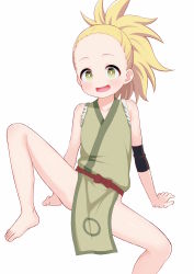 Rule 34 | 1girl, :d, atg (wttoo0202), barefoot, blonde hair, green eyes, highres, higuruma (kunoichi tsubaki no mune no uchi), japanese clothes, kunoichi tsubaki no mune no uchi, looking at viewer, open mouth, ponytail, short hair, simple background, sleeveless, smile, solo, spread legs, toes, white background