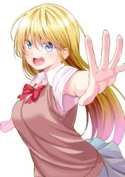 Rule 34 | &gt;:d, 1girl, :d, attsun (atsushi jb), blonde hair, blue eyes, blue skirt, blush, breasts, collared shirt, foreshortening, hair between eyes, large breasts, long hair, looking at viewer, open mouth, original, outstretched arm, school uniform, shirt, short sleeves, simple background, skirt, smile, solo, sweater vest, teeth, upper body, v-shaped eyebrows, white background, white shirt, wing collar