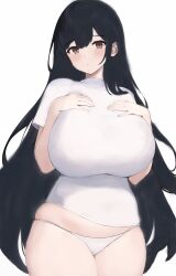 Rule 34 | 1girl, ai-assisted, black hair, blush, breasts, brown eyes, cowboy shot, curvy, hands on own chest, head tilt, highres, huge breasts, long hair, looking at viewer, md5 mismatch, original, panties, shirt, simple background, solo, standing, t-shirt, thick thighs, thighs, underwear, very long hair, white background, white panties, white shirt, wide hips
