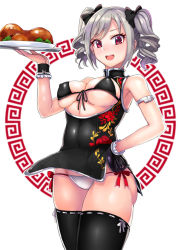 Rule 34 | 10s, 1girl, :d, ashita (2010), bad id, bad pixiv id, bikini, black gloves, black thighhighs, breasts, china dress, chinese clothes, cleavage, cleavage cutout, clothing cutout, covered erect nipples, cowboy shot, dress, drill hair, food, front-tie bikini top, front-tie top, gloves, grey hair, hand on own hip, idolmaster, idolmaster cinderella girls, kanzaki ranko, large breasts, looking at viewer, open mouth, plate, red eyes, simple background, single glove, smile, solo, swimsuit, teeth, thighhighs, twin drills
