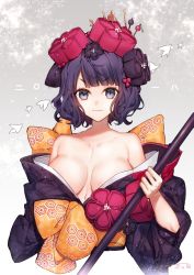 Rule 34 | 1girl, :3, bare shoulders, bird, black hair, black kimono, blue eyes, blunt bangs, breasts, cleavage, closed mouth, collarbone, fate/grand order, fate (series), flower, grey background, hair flower, hair ornament, hair stick, hairpin, hanagata, holding, holding staff, japanese clothes, katsushika hokusai (fate), kimono, large breasts, long sleeves, looking at viewer, obi, off shoulder, open clothes, open kimono, sash, short hair, signature, smile, smug, solo, staff, upper body, v-shaped eyebrows, wavy hair
