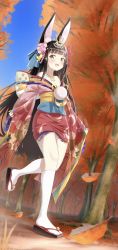 Rule 34 | 1girl, :d, absurdres, animal ears, autumn leaves, azur lane, bare shoulders, black hair, blue sky, blunt bangs, blurry, cien (shikanokuni), commentary request, depth of field, forest, fox ears, full body, furisode, hair ornament, headpiece, highres, japanese clothes, jewelry, kimono, kneehighs, long hair, long sleeves, looking at viewer, nagato (azur lane), nagato (guardian fox&#039;s shining furisode) (azur lane), nature, necklace, obi, off shoulder, open mouth, sash, sidelocks, sky, smile, socks, solo, tree, walking, white socks, wide sleeves, yellow eyes