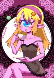 Rule 34 | 1girl, :o, artist name, bare shoulders, blonde hair, blue eyes, blush, character name, collarbone, colored skin, commentary request, cowboy shot, cup, cyclops, dress, eyelashes, eyewon (precure), hair down, hairband, holding, holding cup, looking at viewer, nightgown, off shoulder, one-eyed, open mouth, ottoman, pink skin, pointy ears, precure, round teeth, see-through, shake-o, shiny skin, sitting, star twinkle precure, strap slip, teeth, upper teeth only