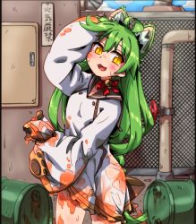 Rule 34 | 1girl, akashi (azur lane), animal ear fluff, animal ears, azur lane, blush, blush stickers, breasts, cloud, fence, green hair, hair between eyes, hihachi, industrial pipe, long hair, long sleeves, looking at viewer, open mouth, outdoors, sky, solo, translation request, yellow eyes