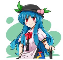 Rule 34 | 1girl, black headwear, blue hair, blush, bow, bowtie, buttons, closed mouth, collared shirt, commentary request, fruit hat ornament, hand on hilt, hand on own hip, hinanawi tenshi, leaf, long hair, looking at viewer, noel (noel-gunso), peach hat ornament, puffy short sleeves, puffy sleeves, red bow, red bowtie, red eyes, shirt, short sleeves, sidelocks, smile, solo, sword of hisou, touhou, wing collar