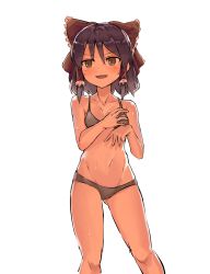 Rule 34 | 1girl, absurdres, bikini, black bikini, black hair, blush, bow, breasts, brown eyes, commentary, cookie (touhou), feet out of frame, frilled bow, frilled hair tubes, frills, hair between eyes, hair bow, hair tubes, hakurei reimu, highres, looking to the side, navel, nob1109, open mouth, red bow, sananana (cookie), short hair, simple background, small breasts, solo, swimsuit, touhou, white background