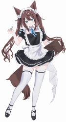 Rule 34 | 1girl, :&lt;, absurdres, alternate costume, animal ear fluff, animal ears, ankle strap, apron, black footwear, brown hair, clipboard, closed eyes, closed mouth, collarbone, commentary request, contrapposto, detached collar, enmaided, frills, full body, green eyes, hair between eyes, hair ornament, highres, holding, holding clipboard, kohaku sogo, long hair, looking at viewer, maid, maid apron, maid headdress, original, short sleeves, simple background, solo, tail, thighhighs, twintails, v-shaped eyebrows, white background, white thighhighs