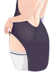 Rule 34 | 1girl, ass, back, backless dress, backless outfit, bare arms, black dress, close-up, cropped legs, dress, highres, hololive, hololive english, ku roiko, long hair, ninomae ina&#039;nis, simple background, solo, thighhighs, virtual youtuber, white background, white thighhighs