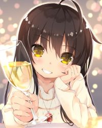 Rule 34 | 1girl, alastor (shakugan no shana), black hair, blurry, blush, champagne flute, collarbone, commentary request, cup, depth of field, drinking glass, fingernails, hand up, head rest, head tilt, holding, holding cup, jewelry, long sleeves, looking at viewer, pendant, ring, rokushou, shakugan no shana, shana, smile, solo, sweater, teeth, upper body, wedding band, yellow eyes, yellow sweater