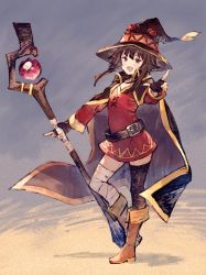Rule 34 | 10s, 1girl, bad id, bad twitter id, bandaged leg, bandages, belt, benitama, black hair, black thighhighs, blush, boots, cape, contrapposto, dress, fingerless gloves, full body, gloves, hat, holding, holding staff, kono subarashii sekai ni shukufuku wo!, looking at viewer, megumin, open mouth, pointing, red eyes, short dress, short hair, single thighhigh, solo, staff, standing, thighhighs, witch hat