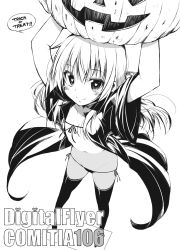Rule 34 | 1girl, arms up, bra, coat, english text, flat chest, foreshortening, greyscale, hands up, heart, heart-shaped pupils, highres, holding, jack-o&#039;-lantern, legs apart, long hair, looking at viewer, monochrome, ohta yuichi, on head, open clothes, open coat, panties, side-tie panties, simple background, smile, solo, standing, symbol-shaped pupils, thighhighs, trick or treat, underwear, white background