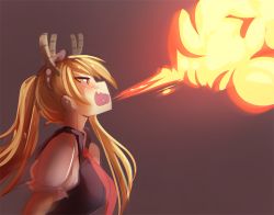 Rule 34 | 10s, 1girl, blonde hair, breath weapon, breathing fire, brown background, commentary, dragon girl, dragon horns, fire, from side, heart, heart in mouth, horns, iwbitu, kobayashi-san chi no maidragon, long hair, necktie, open mouth, orange eyes, profile, puffy short sleeves, puffy sleeves, short sleeves, sideways mouth, simple background, solo, tohru (maidragon), twintails, upper body