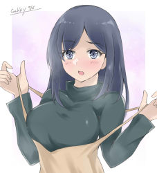 Rule 34 | 1girl, black sweater, blue eyes, blue hair, breasts, brown dress, commentary request, dress, gakky, hair down, kantai collection, large breasts, long hair, official alternate costume, official alternate hairstyle, one-hour drawing challenge, solo, souryuu (kancolle), sweater, upper body