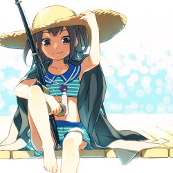 Rule 34 | 1girl, abstract background, alternate costume, arm up, barefoot, bikini, black coat, black hair, blue background, blue bikini, brown eyes, closed mouth, coat, collarbone, commentary request, dock, fishing rod, foot out of frame, gem, hat, highres, holding, holding fishing rod, jewelry, kazayama kizuna, leg up, long hair, looking at viewer, minami seira, navel, necklace, purple gemstone, sidelocks, sitting, smile, solo, stomach, straw hat, striped bikini, striped clothes, sun hat, swimsuit, tate no yuusha no nariagari, white background