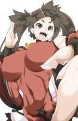 Rule 34 | 1girl, bare shoulders, blush, breasts, brown eyes, brown hair, covered navel, detached sleeves, fighting stance, guilty gear, guilty gear xrd, hair ornament, hairclip, highres, kuradoberi jam, large breasts, leg up, open mouth, ryu3224, solo, thighs, toned