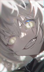 Rule 34 | 1girl, arknights, blood, close-up, commentary request, female focus, grey eyes, grin, hair between eyes, jacket, lappland (arknights), long hair, looking at viewer, nosebleed, partial commentary, portrait, scar, scar across eye, scar on face, sharp teeth, silver hair, slit pupils, smile, solo, teeth, wolf girl, yo-ba yo