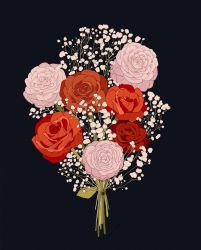 Rule 34 | baby&#039;s-breath, black background, bouquet, camellia, commentary, commission, english commentary, flower, highres, leaf, libbyframe, no humans, original, pink flower, plant, red flower, red rose, rose, signature, simple background, still life, white flower
