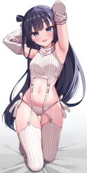 Rule 34 | 1girl, armpits, arms behind head, arms up, bare shoulders, black hair, blue eyes, breasts, crop top, cropped sweater, detached sleeves, garter straps, hair ribbon, hair rings, highres, itoi toi, kneeling, long hair, long sleeves, looking at viewer, meme attire, navel, no pants, no shoes, one side up, open mouth, original, panties, revealing clothes, ribbed panties, ribbed sleeves, ribbed sweater, ribbed thighhighs, ribbon, side-tie panties, simple background, sleeveless, sleeveless sweater, sleeveless turtleneck, small breasts, smile, solo, stomach, string panties, sweatdrop, sweater, thigh gap, thighhighs, thighs, turtleneck, underwear, very long hair, virgin destroyer sweater, white background, white panties, white sweater, white thighhighs