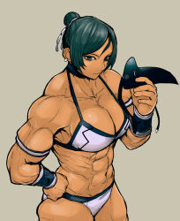 Rule 34 | 1girl, abs, bird mask, breasts, choker, clenched hand, earrings, fujita kakuji, green eyes, green hair, hand on own hip, highres, holding, holding mask, jewelry, large breasts, looking to the side, mask, muscular, muscular female, short hair, simple background, solo, tokugawa no saru, wrestling outfit