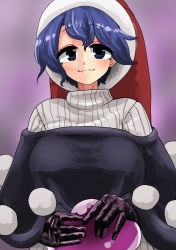 Rule 34 | 1girl, absurdres, black gloves, blue eyes, blue hair, breasts, doremy sweet, dream soul, gloves, hat, highres, ise corridor, large breasts, nightcap, purple background, short hair, simple background, solo, sweater, touhou